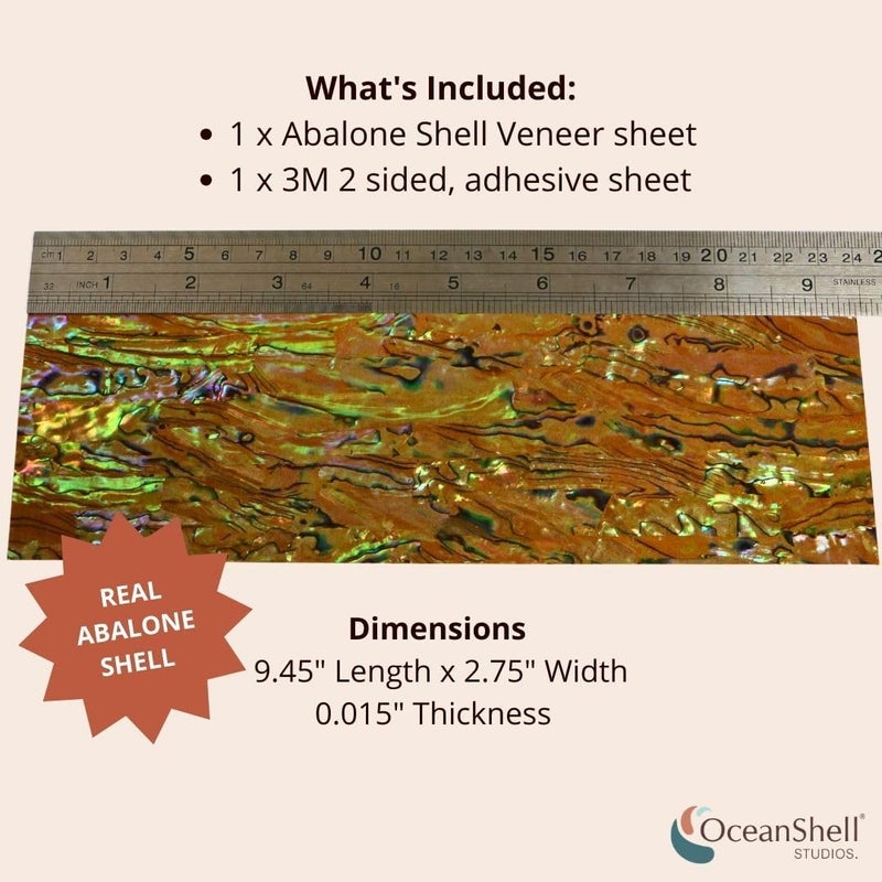 Ocean Shell Studios. Abalone Shell Inlay Veneer for DIY or Professional Inlay Embellishments - Sustainable New Zealand Paua Tiger Eye- With 3M Double Sided Tape Backing - 9.45"X2.75" - Image 2